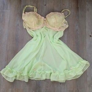 Y2K Delicates Floral Embroidery Pink Rosette Green Sheer Micromesh Slip Dress